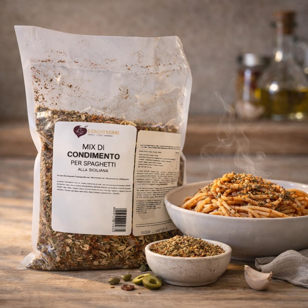 Bongiovanni (Farine e bontà naturali) Mix per Spaghettata "I Love Sicilia" 500g: Condimento Autentico Siciliano per Pasta Veloce e Gustosa.