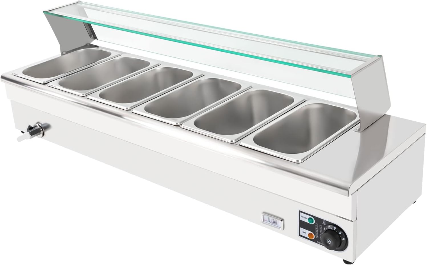 Commercial Food Warmer,1200W Electric Stainelss Steel Food Steam Table with Tempered Glass Shield,6-Pan Countertop Buffet Bain Equipment for Catering Restaurant Party