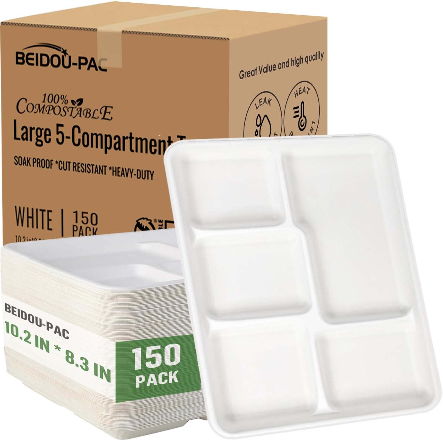 5 Compartment Compostable Heavy Duty Disposable Paper Plates, 150 Count | 10.2" X 8.3" | Natural Bagasse, White Biodegradable Eco-Friendly School Lunch, Buffet, Party Sugarcane Tray