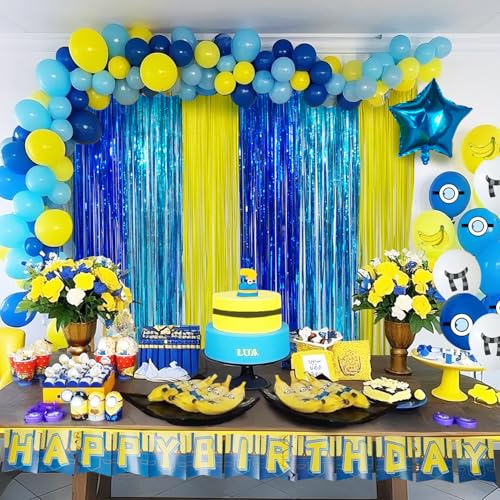 Image of Yellow Jeans Cartoon Themed Birthday Party Decoration, 4 Pack Big Eyes Party Photo Booth Prop, Yellow Jeans Fringe Curtains Tinsel Photo Streamers Backdrop for Cartoon Party Supplies