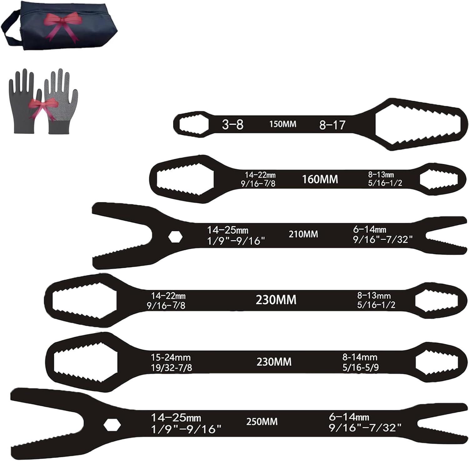 Universal Double Ended Wrench, 8-25mm Self Adjusting Torx Wrench, 5mm Thick, with Storage Bag & Gloves, Multi Wrench for Car Motorcycle Repair and DIY Projects (6pcs-1)