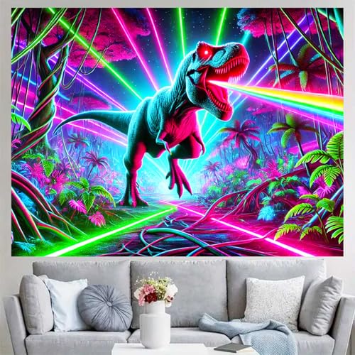Image of BlissYard Blacklight Tapestry 78x59 Inch Laser Dinosaur Tapestry Trippy Jungle Neon Wall Art UV Reactive Glow in the Dark T Rex Poster for Bedroom Dorm Party Wall Hanging Decor