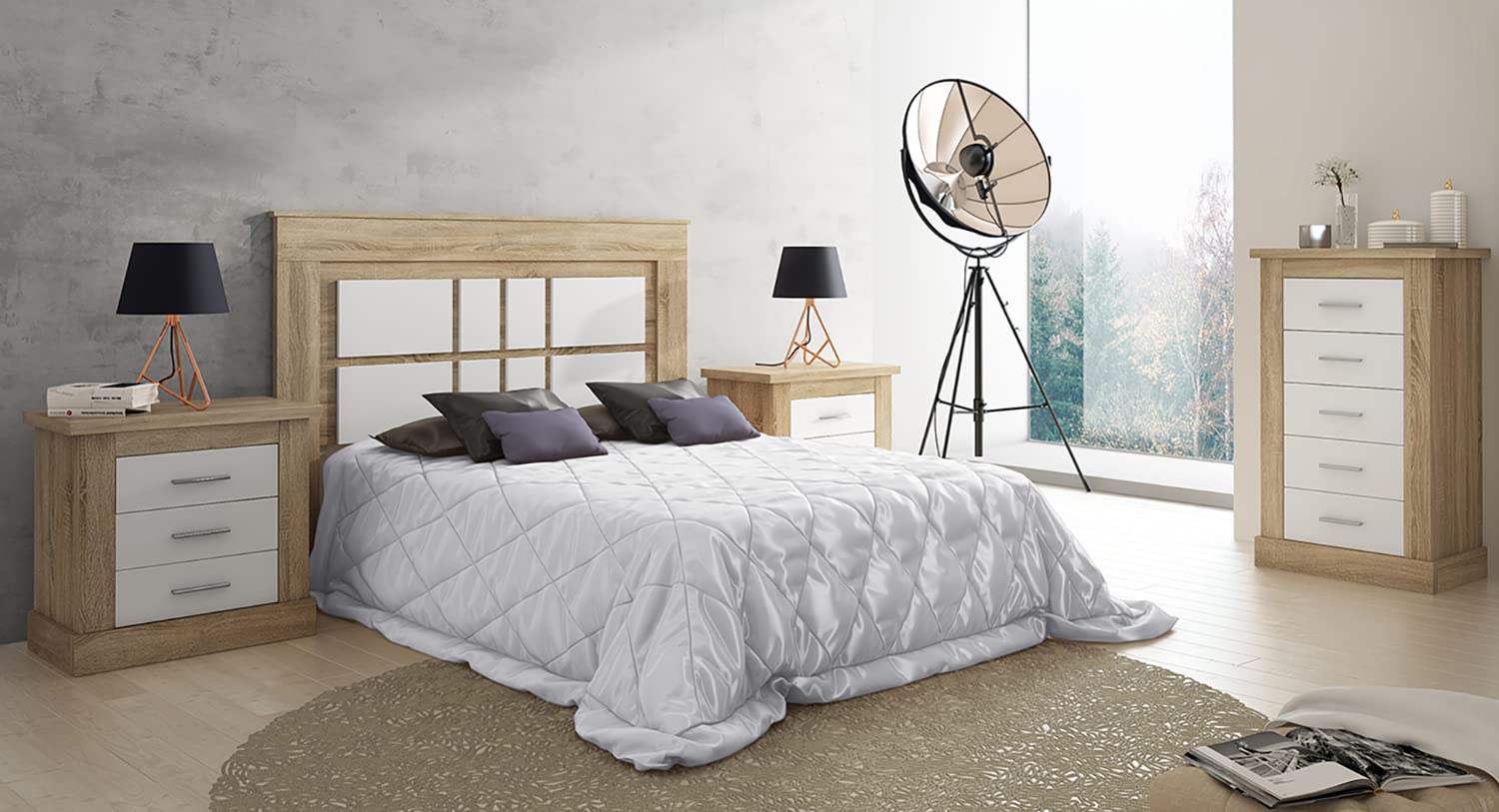 Conjunto Dormitorio, Cabecero + 2 Mesitas de Noche + Cajonera Color Roble Cambrian, Blanco