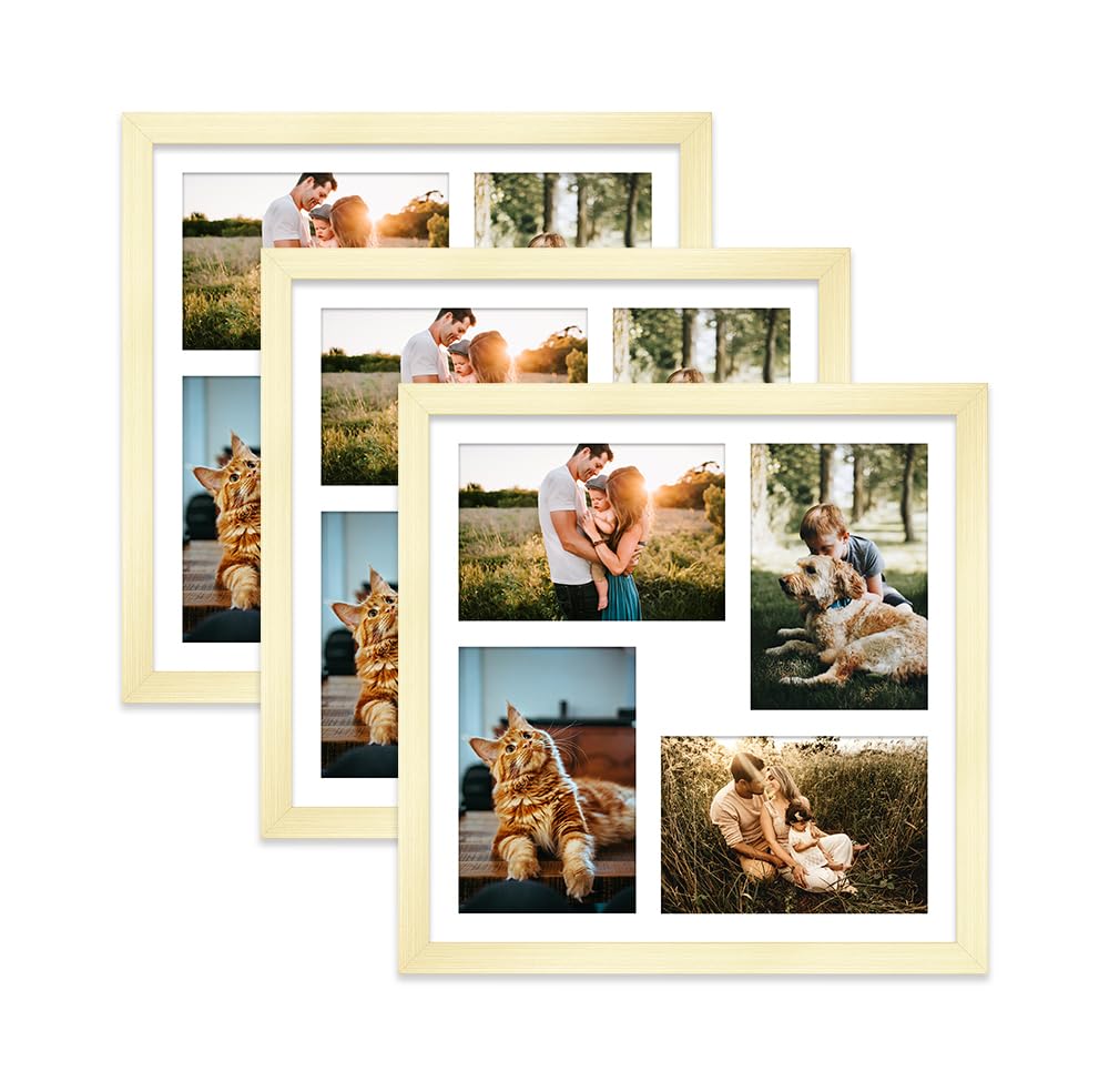 Gold Multi Photo Frame - Holds 4 x 6x4 Pictures, Family Collage Picture Frame for Wall Display, 12x12 Frame size, Set of 3