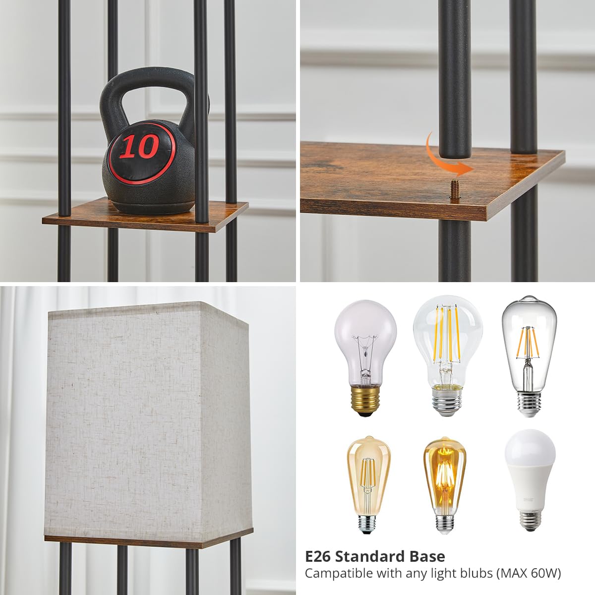 IPARTS EXPERT Lampadaire sur Pied Étagère LED 3 Temp. Vintage | Bibliothèque sur pied moderne avec ampoule E27, pour chambre, salon et coin canapé
