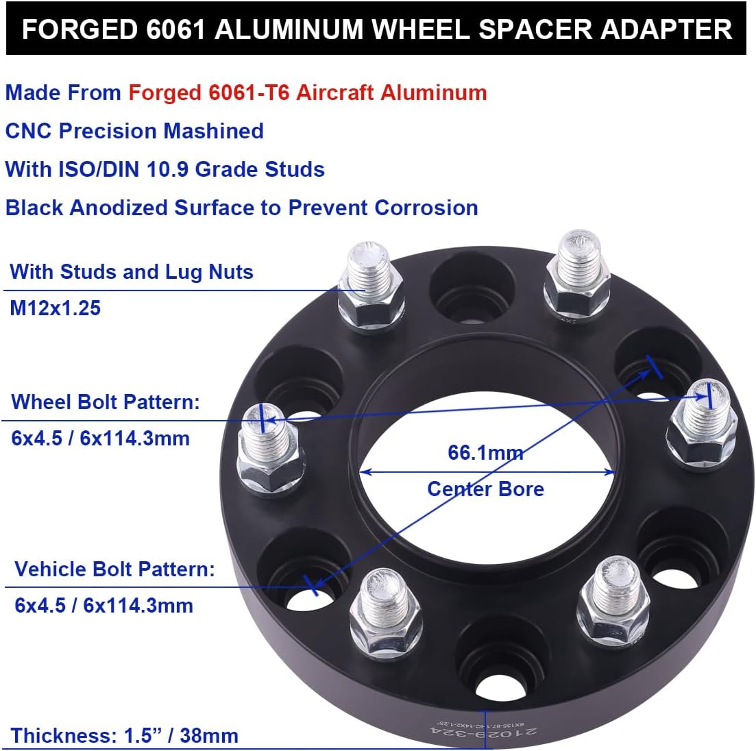 VLAOSCHI Black Forged 6x4.5 6x114.3 Hubcentric Wheel Spacers 1.5 Inch with 12x1.25 Studs 66.1mm Bore Compatible with Nissan 6 Lug 2005-2023 Frontier | 2005-2012 Pathfinder | 2005-2015 Xterra-Pack of 4