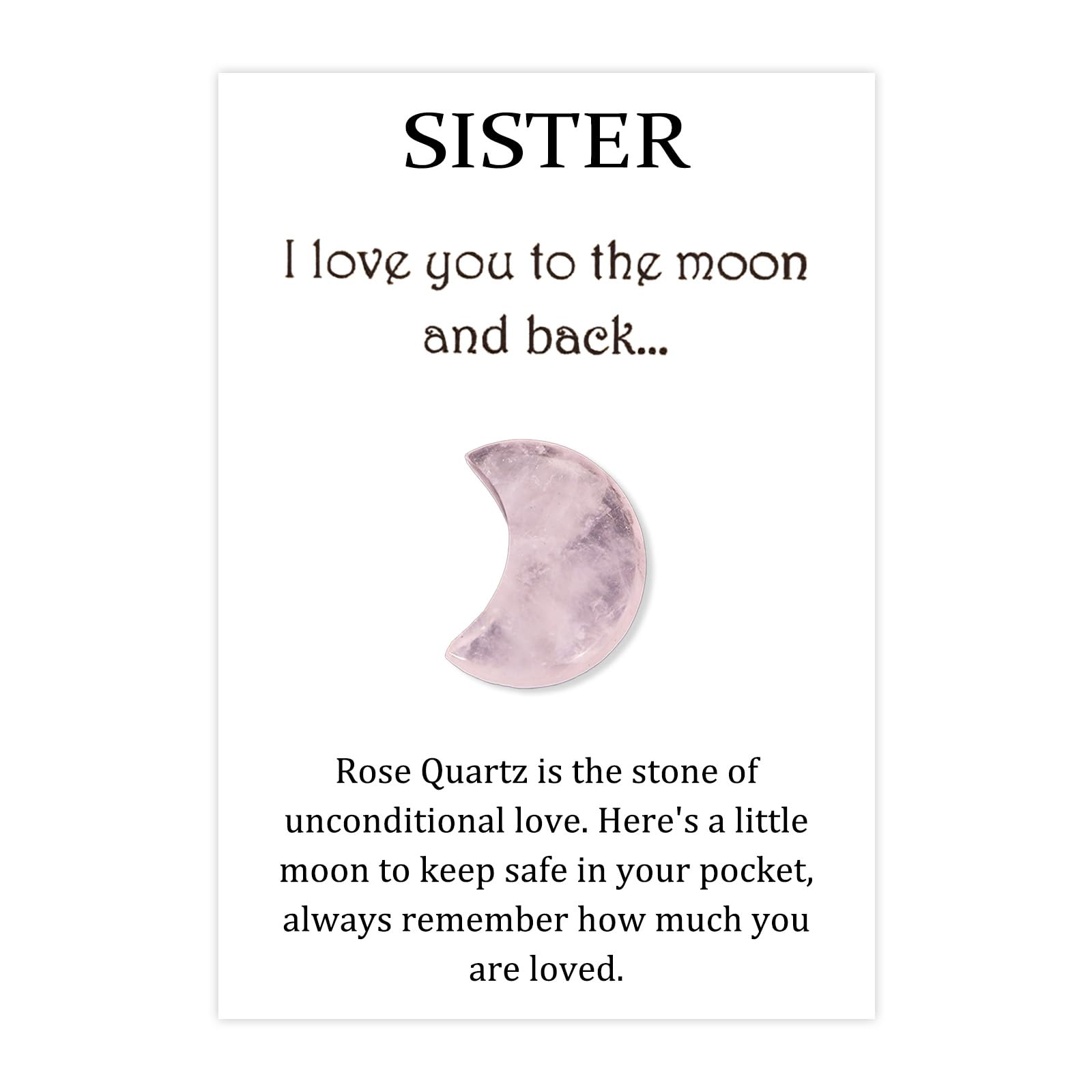 Plorede Sister Moon Shaped Rose Quartz Crystal Gift For Daughter Or Mum – Heartfelt Keepsake With Love Message Card – Unique Meaningful Birthday Present, Unconditional Love Token (Sister)