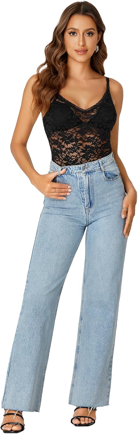 Rooscier Women's Floral Lace Sheer Sleeveless Strap See Through Slim Sexy Cami Tank Top Without Bra - Image 6