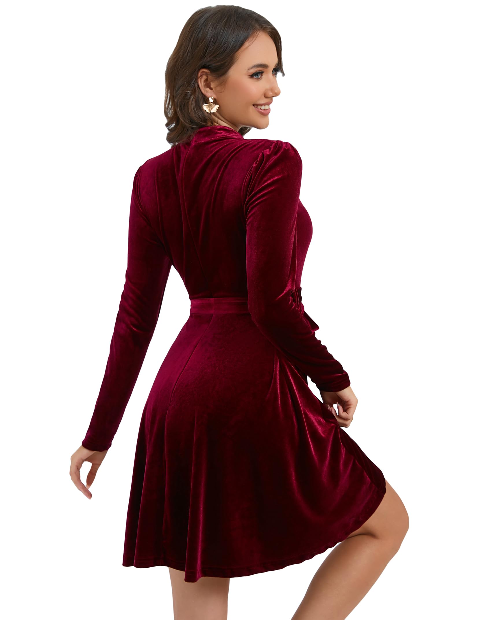 KOJOOIN Samtkleid Damen Kurz Elegant Satin Cocktailkleid Langarm Rockabilly A-Linien Festlich Kleid mit Gürtel（Verpackung MEHRWEG）