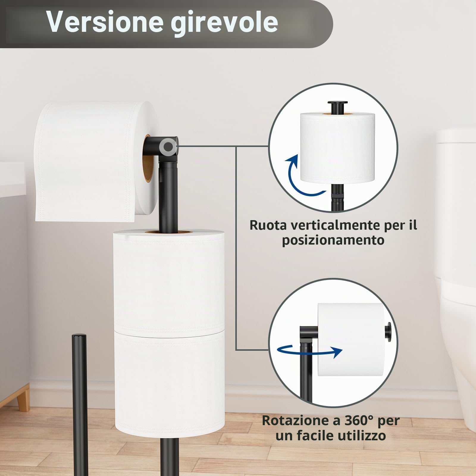 Susswiff Piantana Portarotolo e Scopino - Nero, Acciaio Inox Portarotolo Carta Igienica con Spazzolino WC, Porta Rotoli Cartaigienica Bagno, in Piedi
