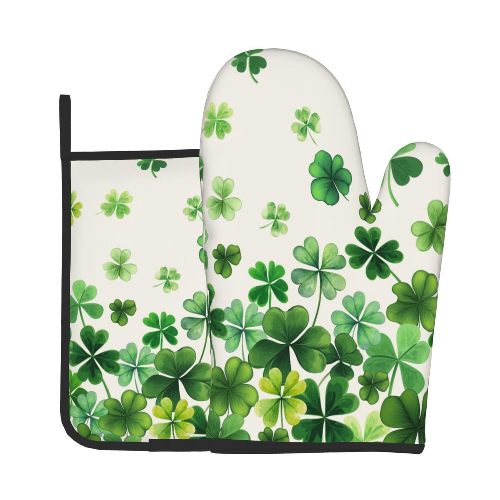 St. Patricks Day Oven Mitts and Pot Holders Sets Green Shamrock Clover Oven Mitts Heat Resistant Spring St. Patrick's Day Kitchen Gloves Hot Pads Two Piece Set for Cooking Baking Grilling BBQ