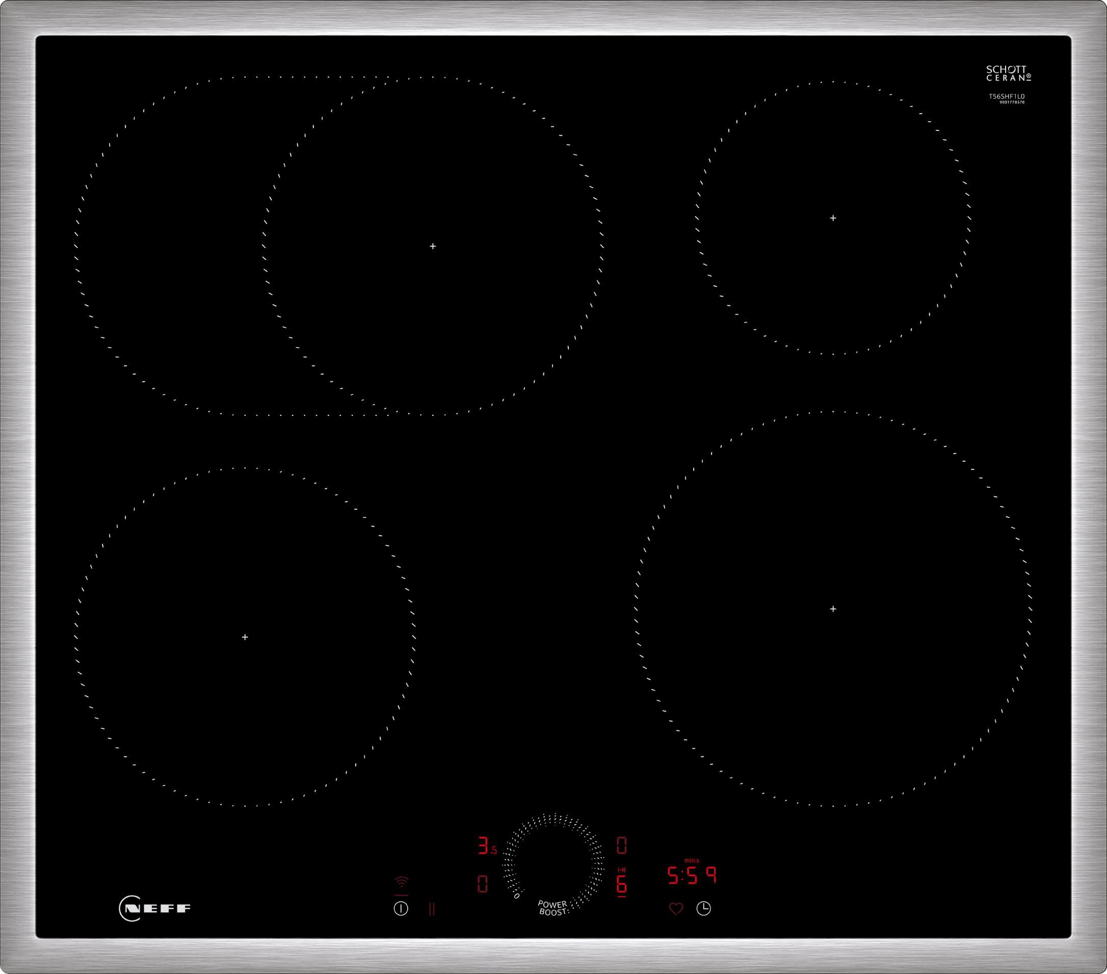 NEFF T56SHF1L0, N 70, Induktionskochfeld, autarkes Glaskeramik-Kochfeld 60 cm breit, Twist Touch, Home Connect, Smart Hood Automatic, Powerstufe, aufliegend, Schwarz