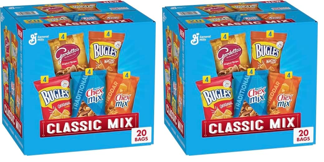 Classic Mix Snack Variety Pack, Bugles Original & Nacho Cheese, Gardetto’s Original Recipe, Chex Mix Traditional & Cheddar, 28 oz (20 Bags) (Pack of 2)