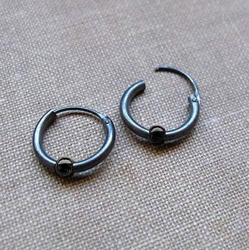 Miniatura 6 de Unisex Black Earrings with Gold Beads, Huggie Hoops for Men - Dark Earrings - Sterling Silver Jewelry - Floating bead hoops - hypoallergenic Hoops