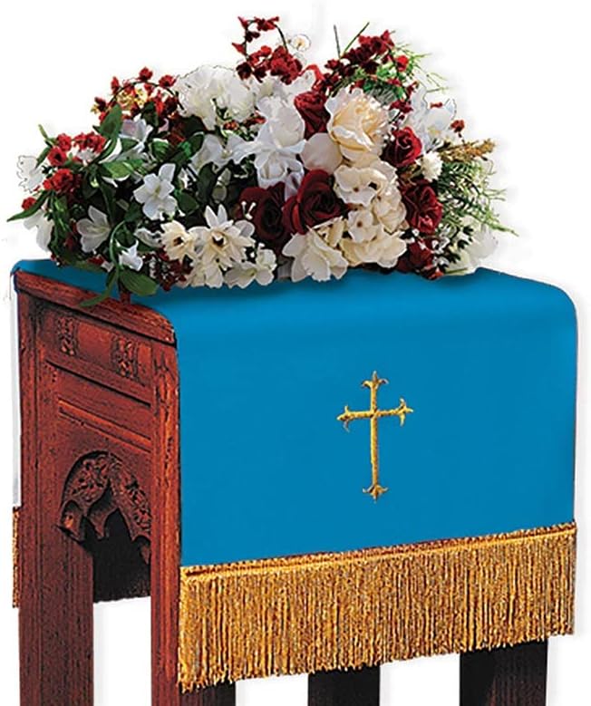 Reversible Table Cloth Embroidered with Latin Cross Sanctuary Flower Stand Cover, 14 x 36-Inch, Blue/White