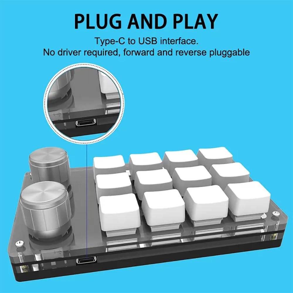 Tastiera meccanica multifunzionale da gioco a 12 tasti, mini tastiera macro con una mano con 2 manopole, tastiera a manopola, Plug and Play, per ufficio, giochi, musica, media, controllo industriale