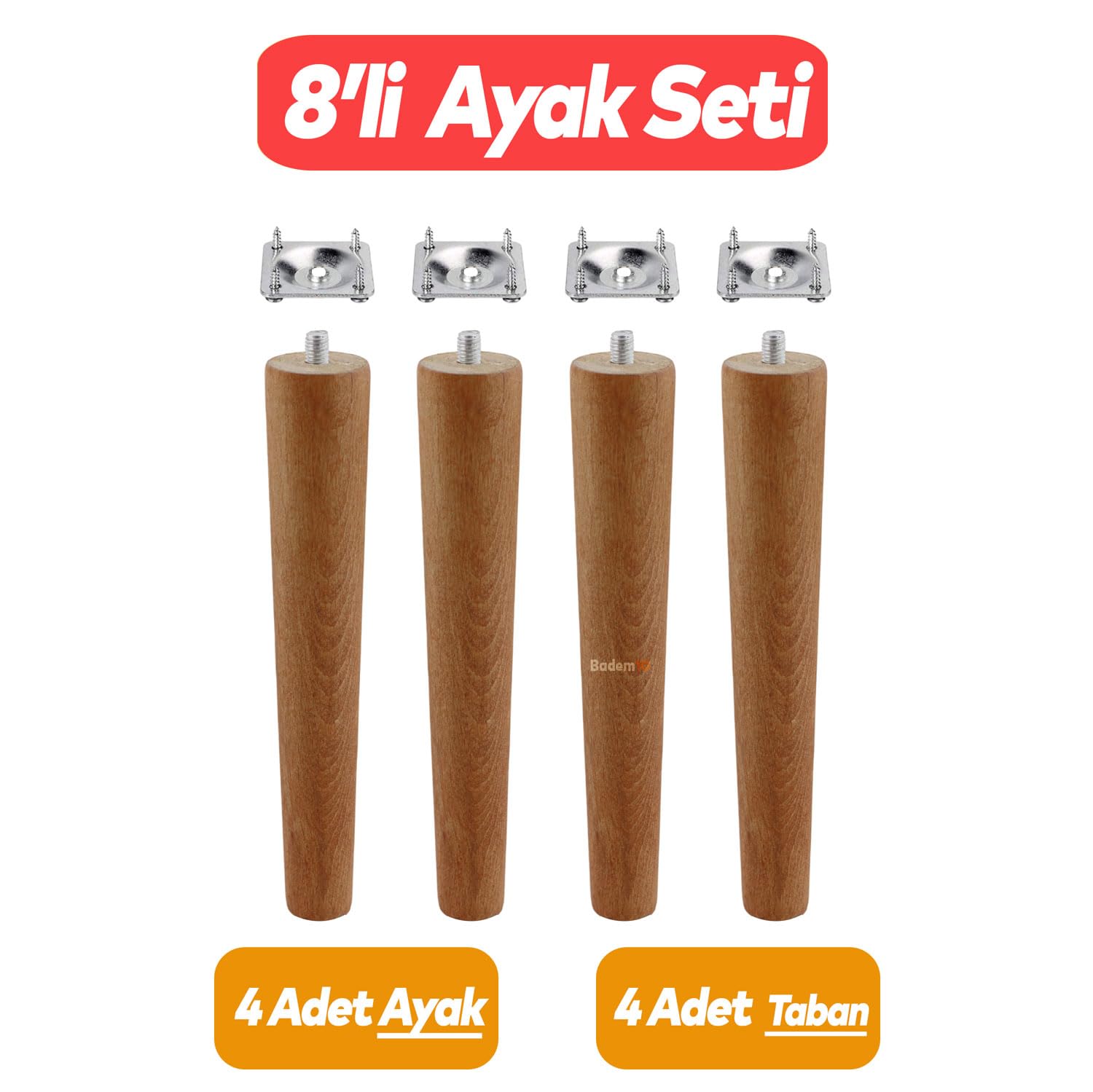 Ahşap Ayak Masa Sehpa Tabure Puf Ünite Mobilya Ayağı M8 Civata 20 cm Ayak+Bağlantı Aparatı 8'li SET