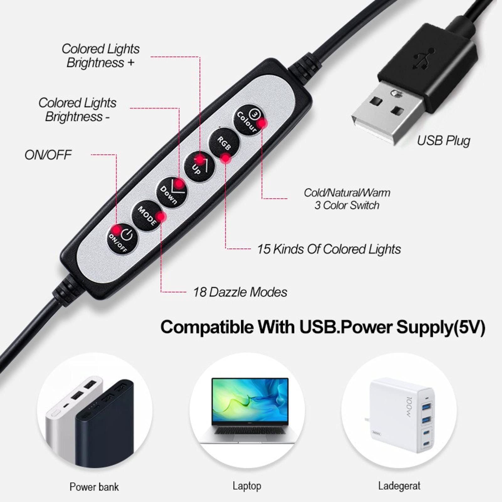 Anello luminoso RGB per selfie da 15,2 cm, con supporto a morsetto, 33 colori dimmerabili, set di illuminazione per videoconferenza USB, per scrivania, computer, laptop, monitor, trucco,