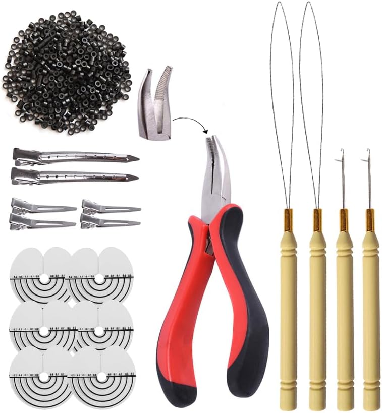 500pcs Micro Silicone Rings Hair Extensions Kit I-tip Hair Pliers Micro Pulling Hook Needle Loop Threader and Micro Silicone Links（Black)