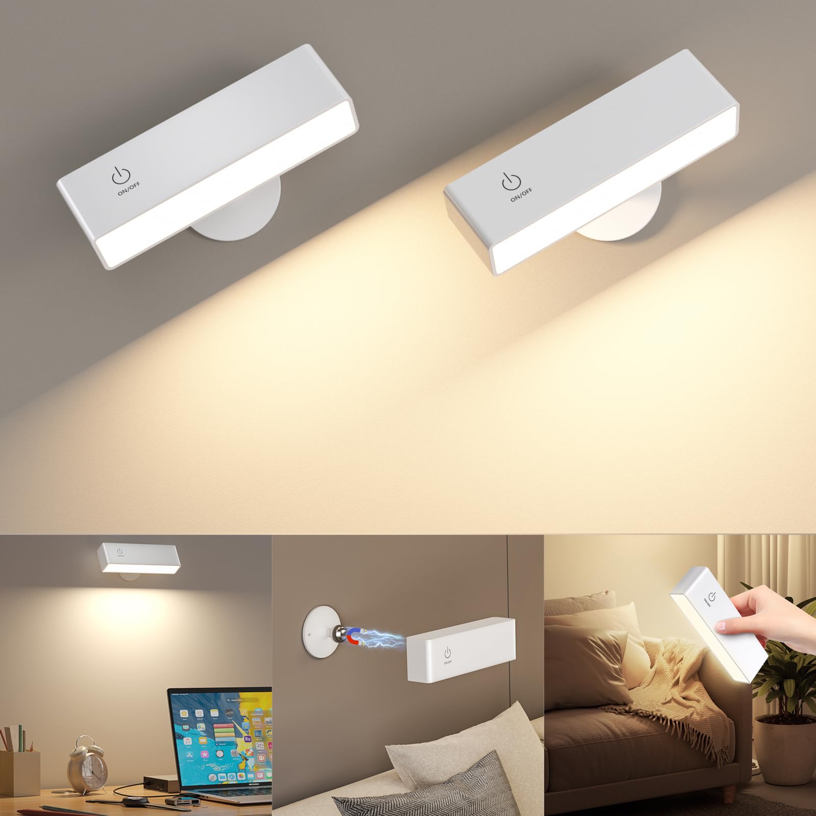 YiLaie Luz de Pared de Interior，Lámpara de Pared con Batería de Carga USB,Regulable Control Táctil lampara de pared，Giratoria de 360° Magnetismo，Para Dormitorio, Salón, Armario（2 Piezas）