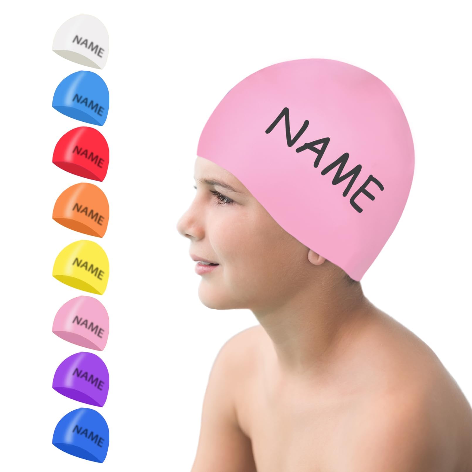 Swimming Cap Kids, Personalized Silicone Swimming Hat Kids with Name Waterproof Colorful Comfortable Anti Slip Boys Girls (Pink, L)