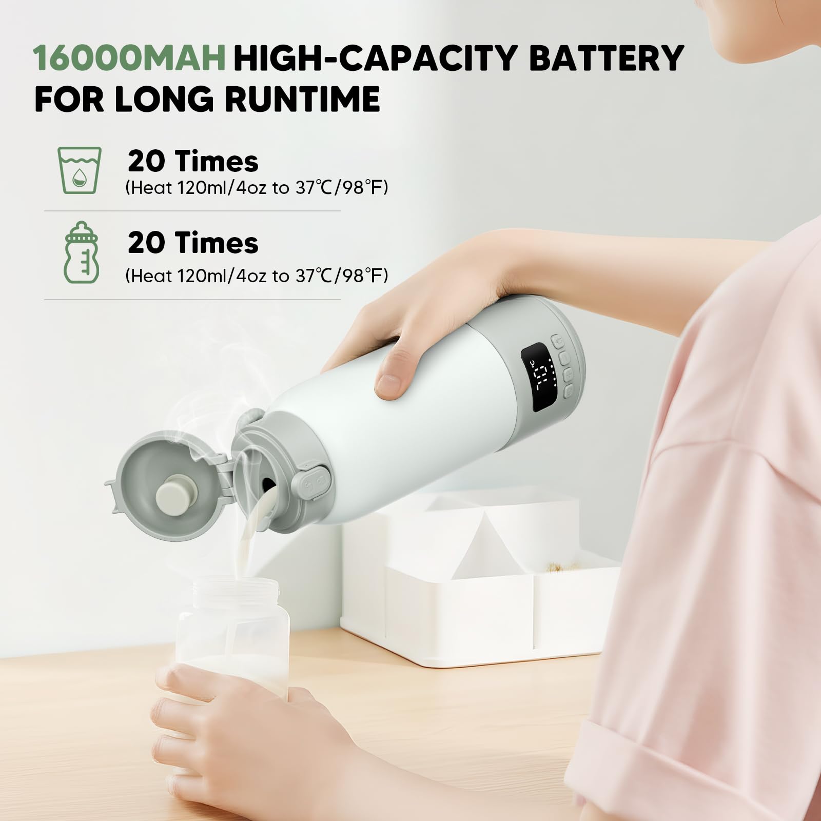 Scaldabiberon Portatile 100W – Riscaldatore Inox Isolato Sottovuoto, Accensione 80 Sec, 500ml, Batteria 16000mAh, 37-70°C Regolabile, 3 Modi Latte, Anti-Perdita – Viaggio e Casa