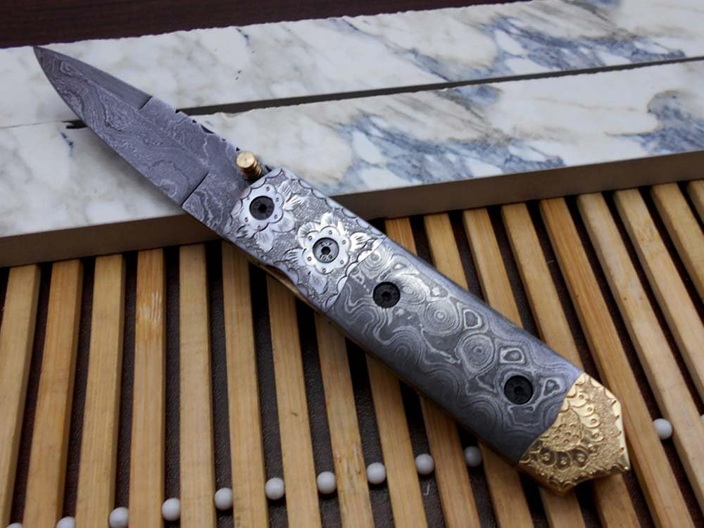 7.5" Long Folding Knife Damascus Steel Blade and Scale with Engraved Brass, 3" Hand Forged Blade with Thumb knob, Cow Hide Leather Sheath