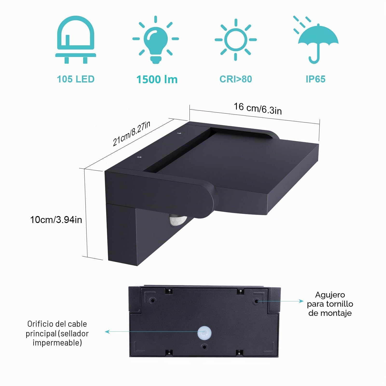 Klighten 2 Piezas 24W Apliques Exterior/Interior con Sensor de Movimiento, IP65 Luz Pared LED Ajustable, Lámpara Pared Moderno Aluminio para Terraza Jardines Balcón, Blanco Calido 3000K, Antracita