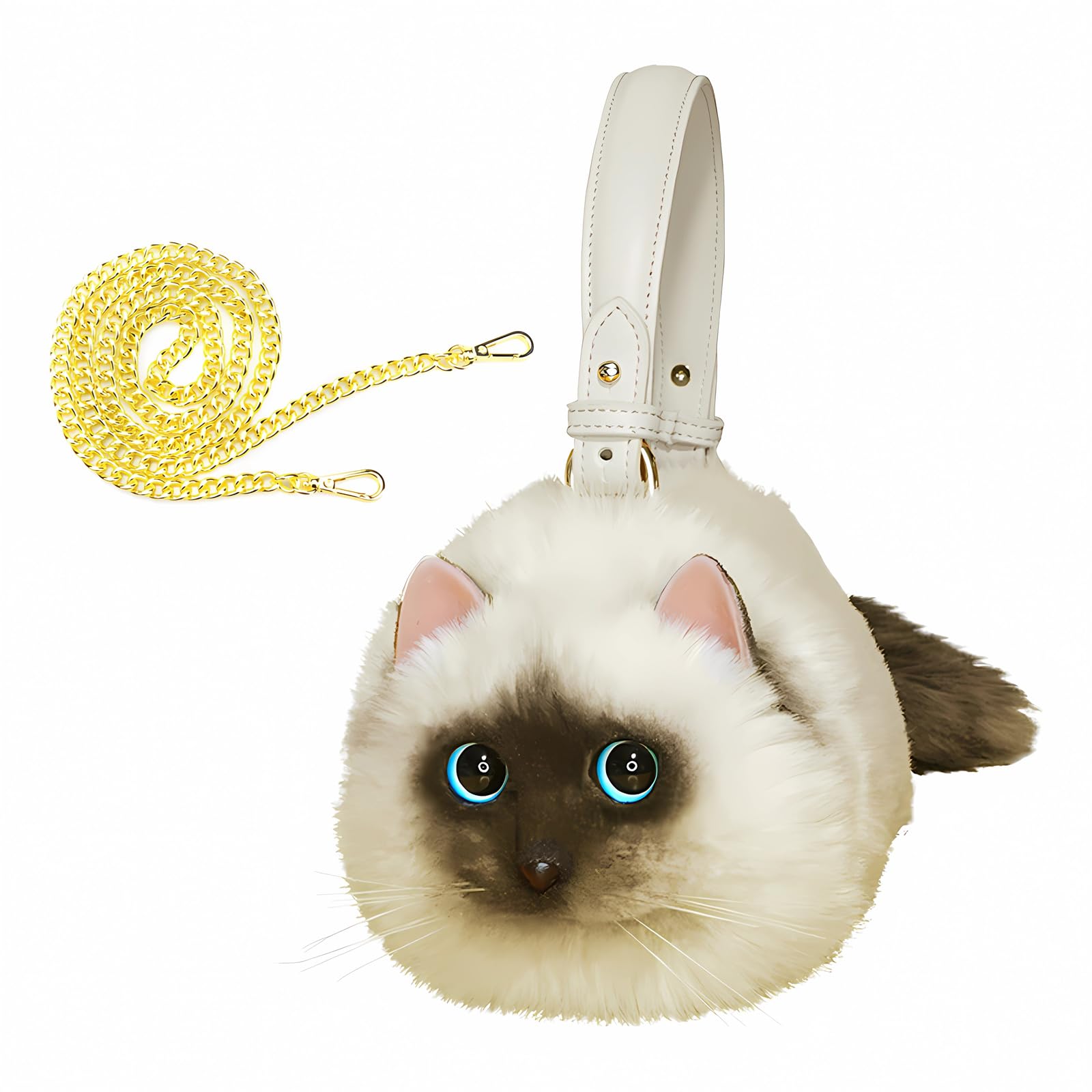 Realistic Puffy Plush Cat Shaped Crossbody Handbag for Women
