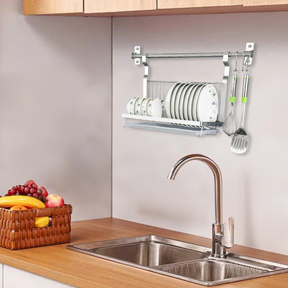 TentHome Egouttoir Vaisselle INOX Pliable Murale avec 5 Crochets, Égouttoir à Vaisselle Petit avec Plateau, Seche Porte Support Ustensiles Cuisine Assiette Bol Mural, Sechoir Rangement Vaisselle