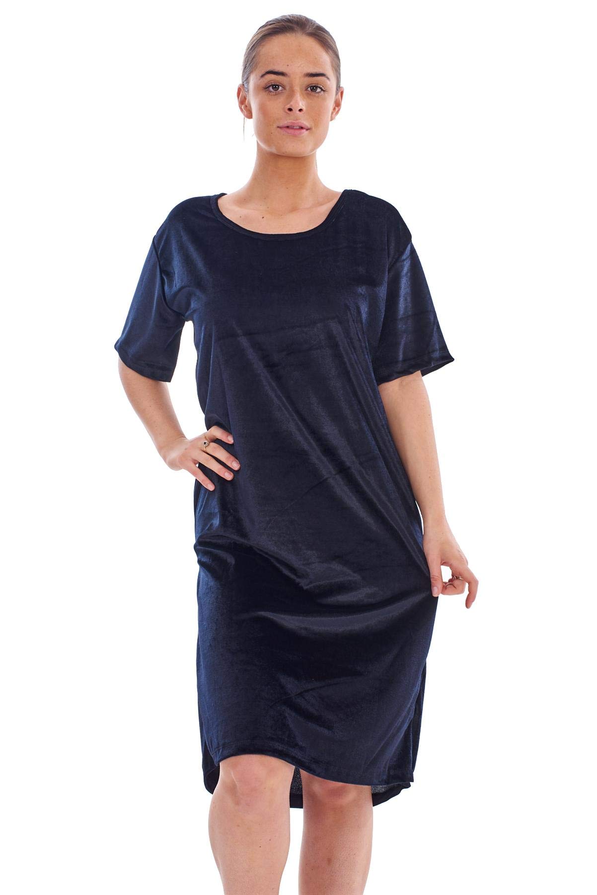 Malay Women's Black Plain Velvet Nightdress Crew Neck Midi Short Sleeve Nightie Nightshirt