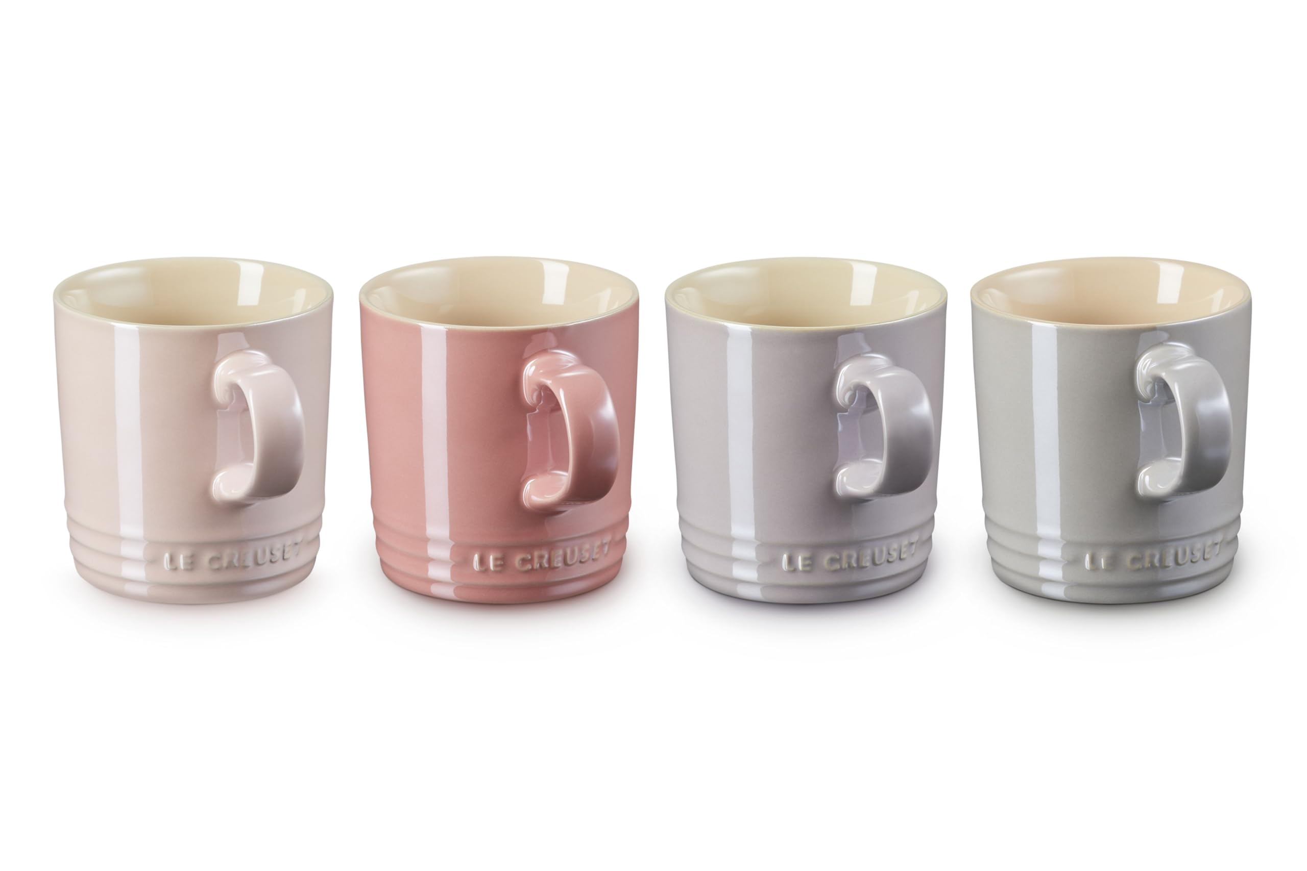Le Creuset Metallic Pink Set Of 4 Stoneware Mugs, 350 Ml Each, Metallics Rosé (Chiffon Pink/Rose Quartz/Bluebell Purple/Pearl Grey), 69113358129031