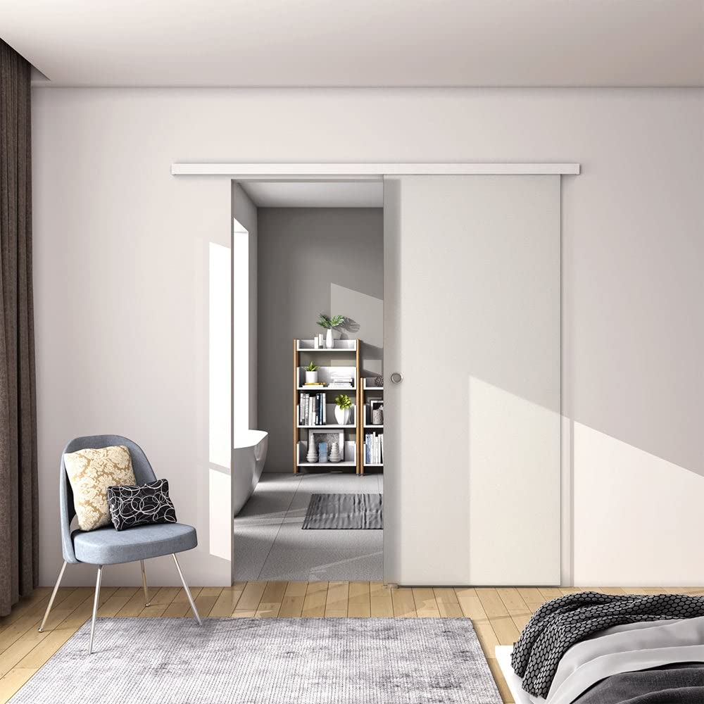100x225 cm Porta Scorrevole in Vetro da 8 mm Temperato Opaco con Pellicola Anti-frantumi con Binario in Alluminio Bianco Verniciato