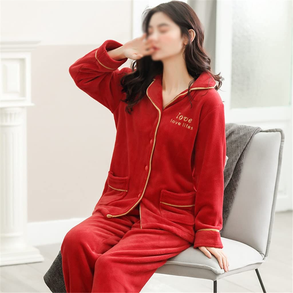 Pyjama-Sets Damen-Nachtwäsche Tops Winter-Flanell-Pyjamas Damen-beiläufige Nachtwäsche Nachtwäsche-Pyjama (Color : Red, Size : M-Code)