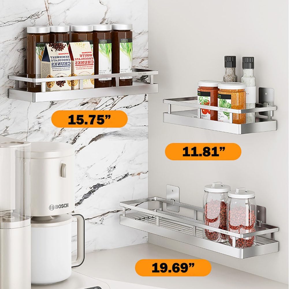2PCS Kitchen Spice Rack, SUS304 Stainless steel Wall Mount Storage Rack, Seasoning Container, 19.7Inch Spice Organizer, Kitchen Seasoning Hanging Rack, Bathroom Shelf for Storing Toiletries