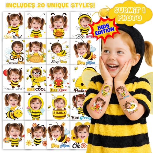 Image of Custom Bee Temporary Tattoos for Kids - Set of 20 | Personalized Pre-Cut Face Photo, Birthday Party Favors, For Boys Girls, Bee Lovers