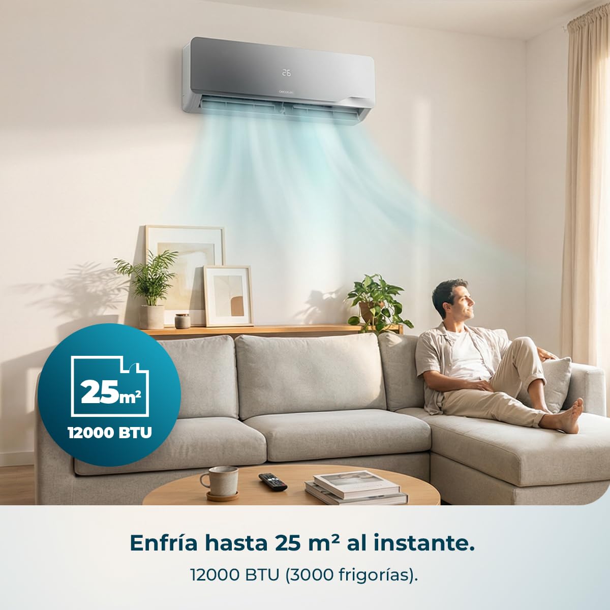 Cecotec Aire Acondicionado Split AirClima 12000 Wind Connected. Inverter, 12000 BTU, Bomba de Calor, 5 Modos, Clase A++; Deshumidificador 21,6 L/día, Pantalla LED, Temporizador 24h, Filtro Lavable