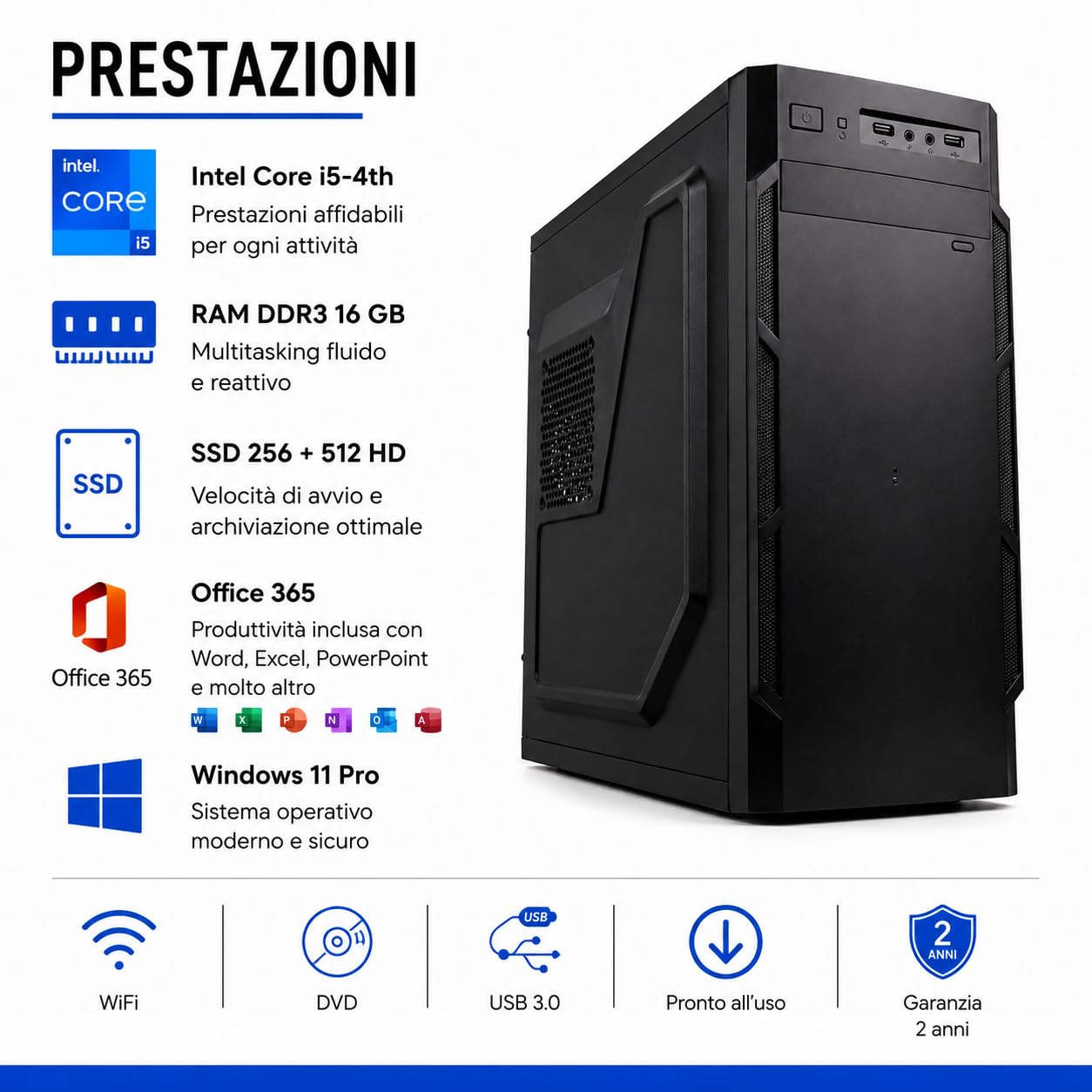 PC Fisso Desktop NUOVO • Cpu intel core i5-4th • 16GB RAM DDR3 • 256GB + 512GB HDD • Windows 11 Pro • Office 365 • Pronto All'Uso • USB 3.0