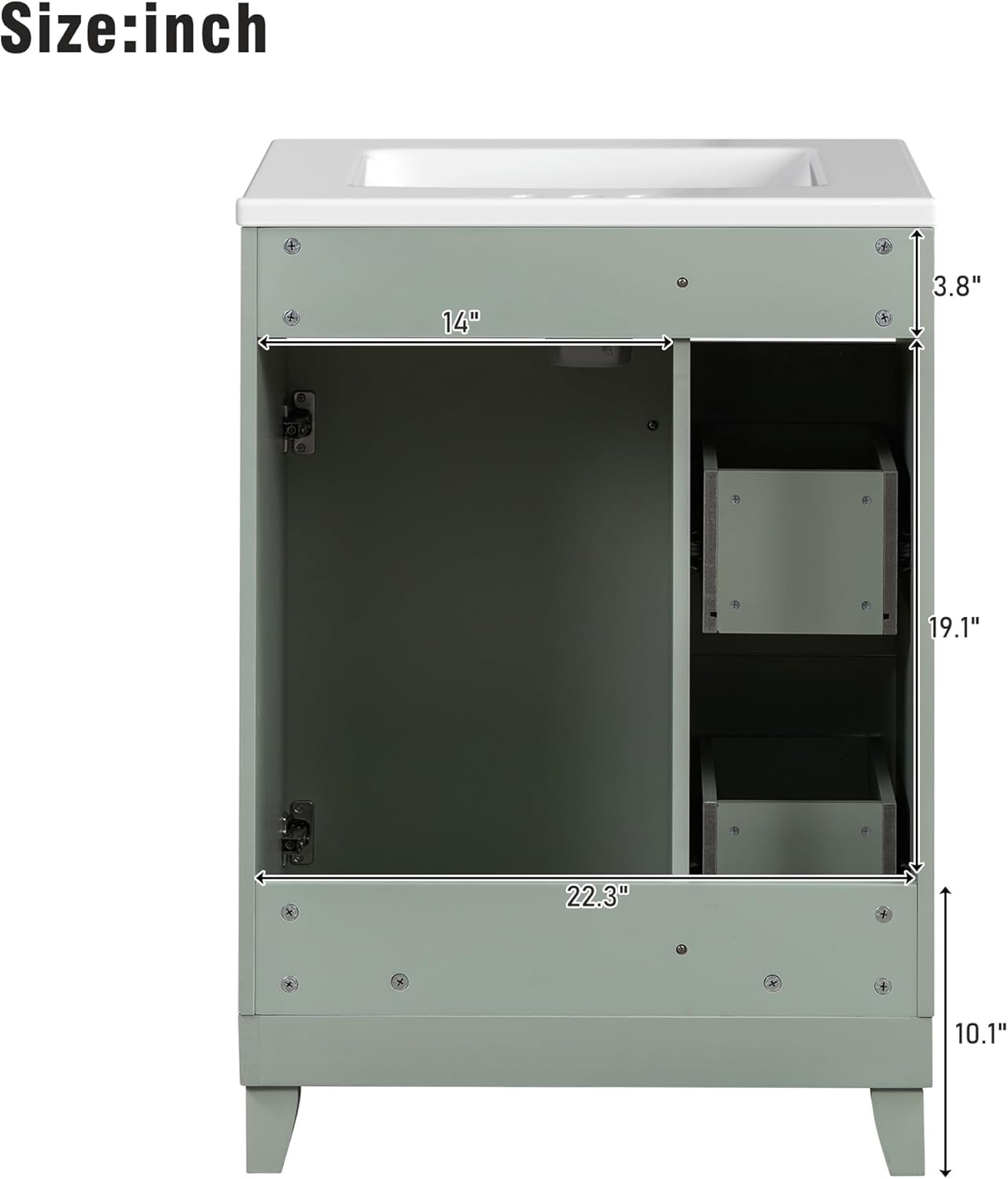 24-Inch Bathroom Vanity Cabinet with Ceramic Sink, 2 Drawers, 1 Door, Green Color
