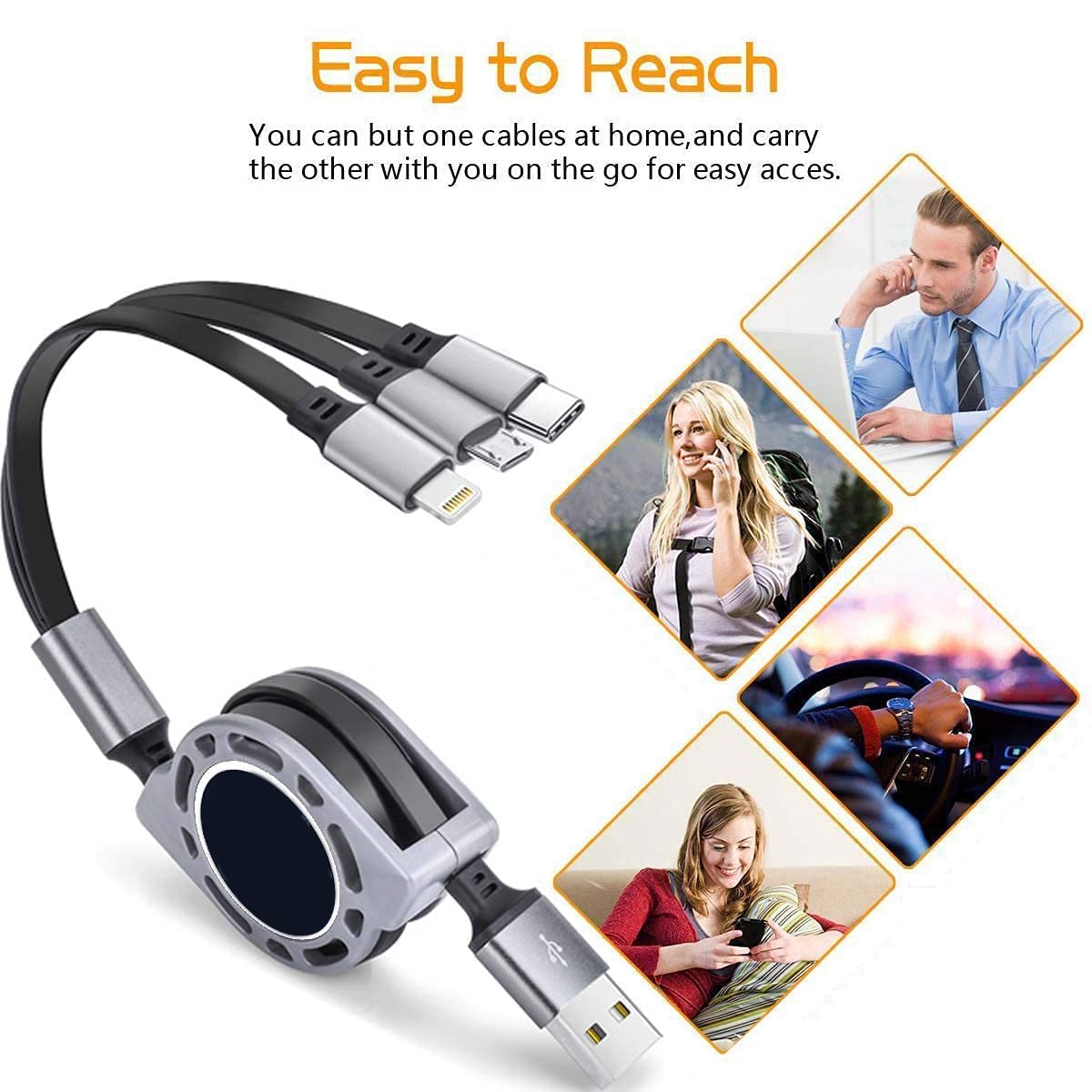 BANISTROKES Retractable Multi Charging Cable | 3-in-1 USB Charging Cord Compatible with Phone/Type C/Micro USB for All Android and iOS Smartphones (Random Colour) 4