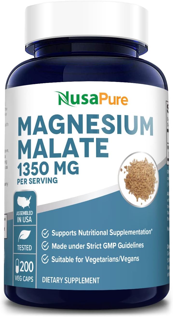 Magnesium Malate 1350mg 200 Veggie Capsules (Vegan, Non-GMO & Gluten-Free) High Potency