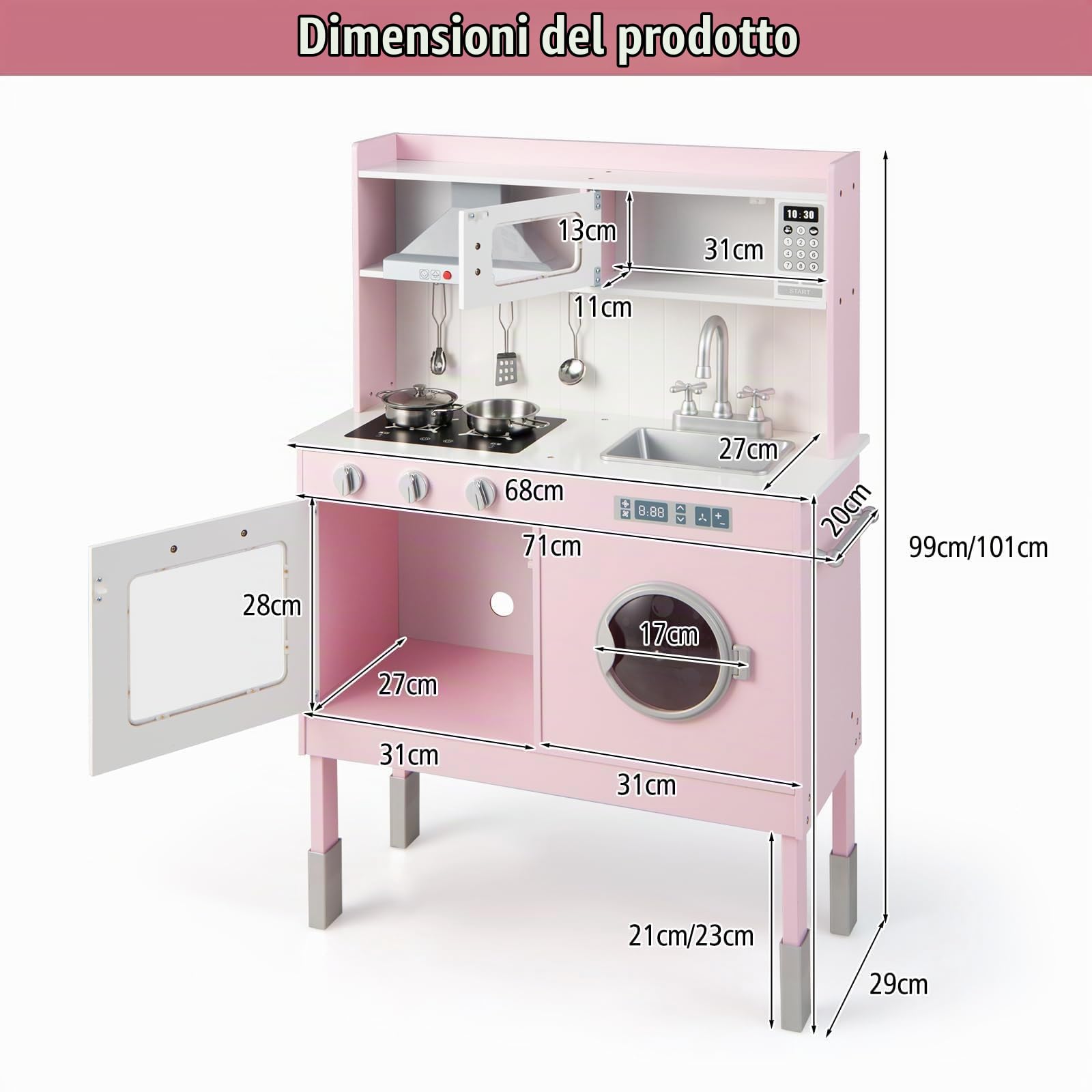 FANTASK Cucina per bambini con accessori da gioco, cucina in legno con cappa aspirante e lavatrice e suoni e luci reali, set da gioco per bambini dai 3 anni in su, rosa (71 x 29 x 101 cm)