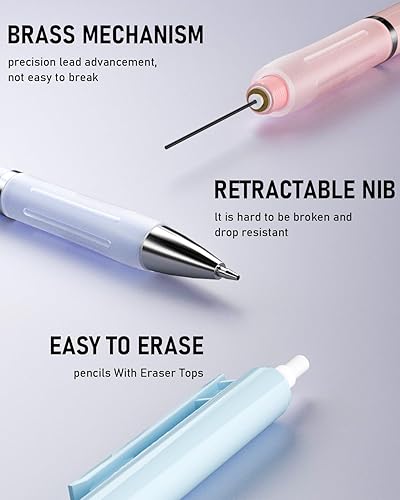Miniatura 5 de Nicpro Juego de 3 lápices mecánicos pastel, 0.9 lápices mecánicos con 6 tubos de plomo HB de 0.035 in, 3 borradores y 9 piezas de repuesto de