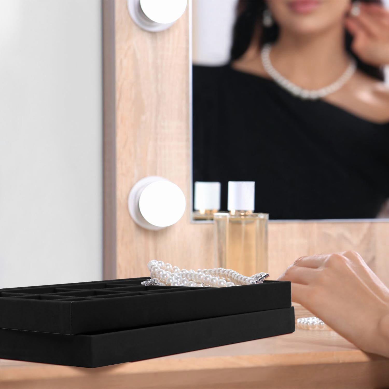 Lainrrew Jewelry Tray, 4 Pack Jewelry Organizer Velvet Jewelry Tray Stackable Jewelry Trays, Necklace & Earring Holder, Divided Bracelet & Ring Storage, 13.8"x9.5"x1.2" - Elegant Display Case (Black) - Image 6