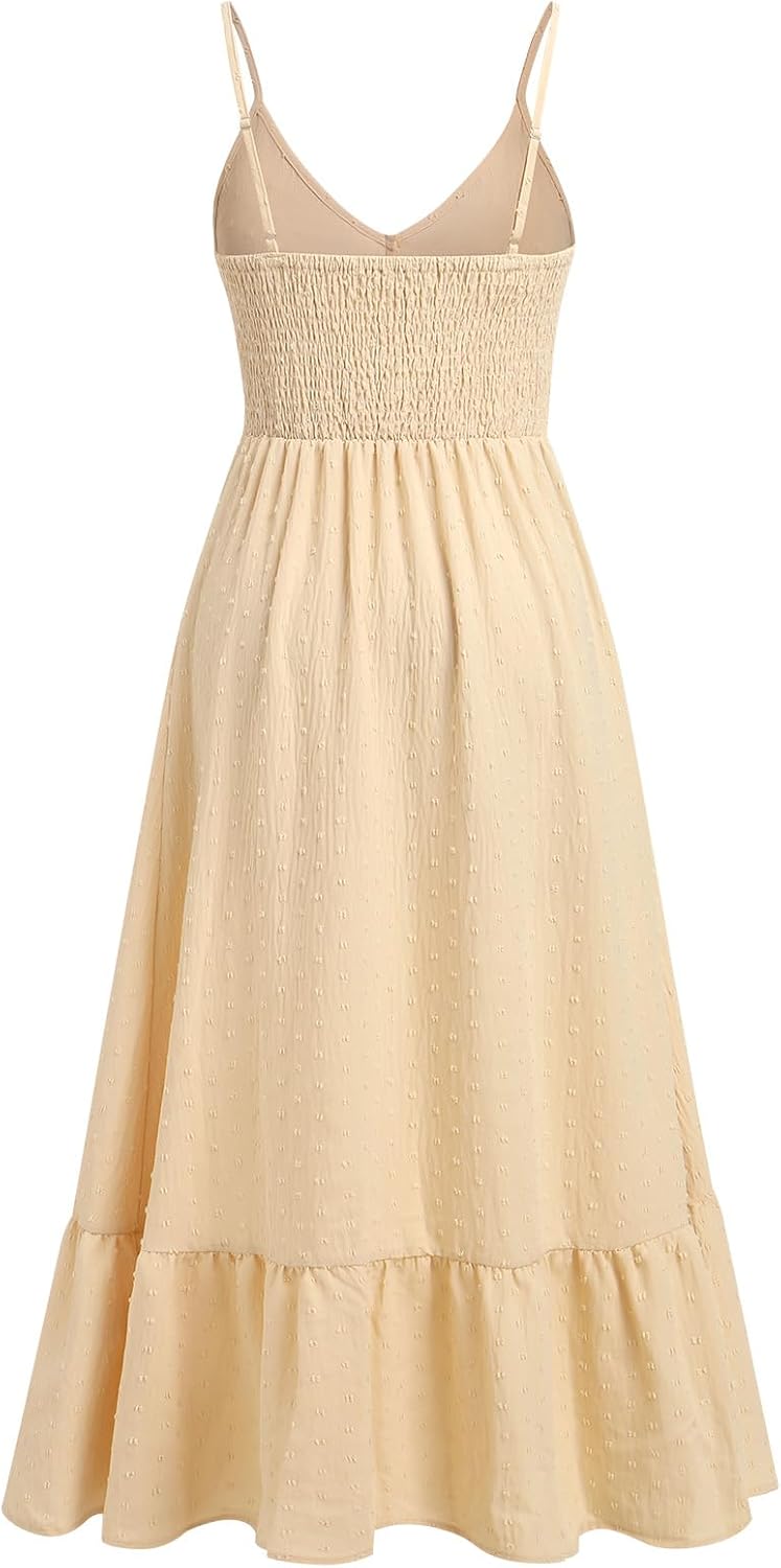 Summer Dresses for Women 2024 Boho Spaghetti Straps Midi Dress Swiss Dot Backless Sundress