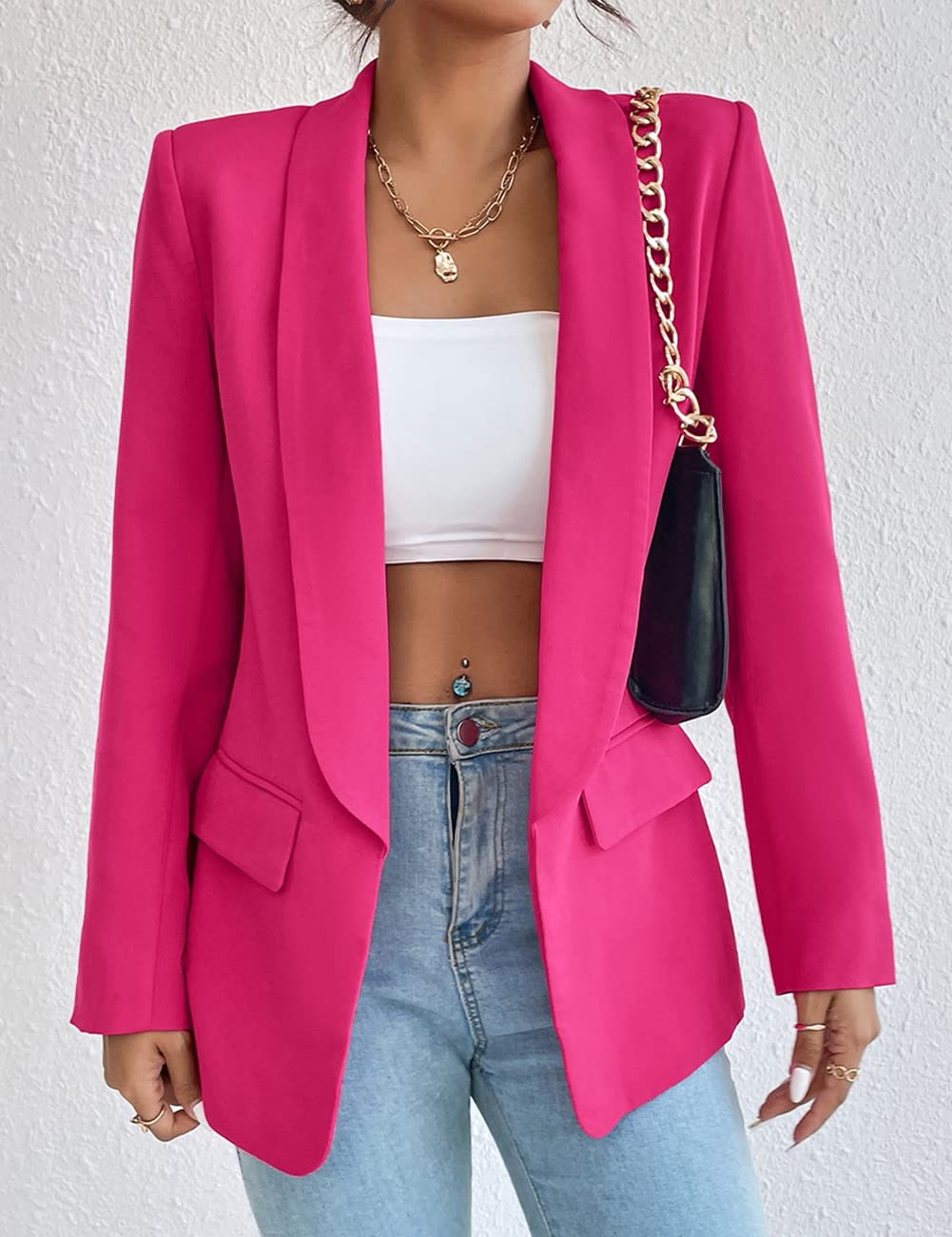 Blazer da donna, lungo, casual, aperto, da lavoro, da ufficio, con tasche