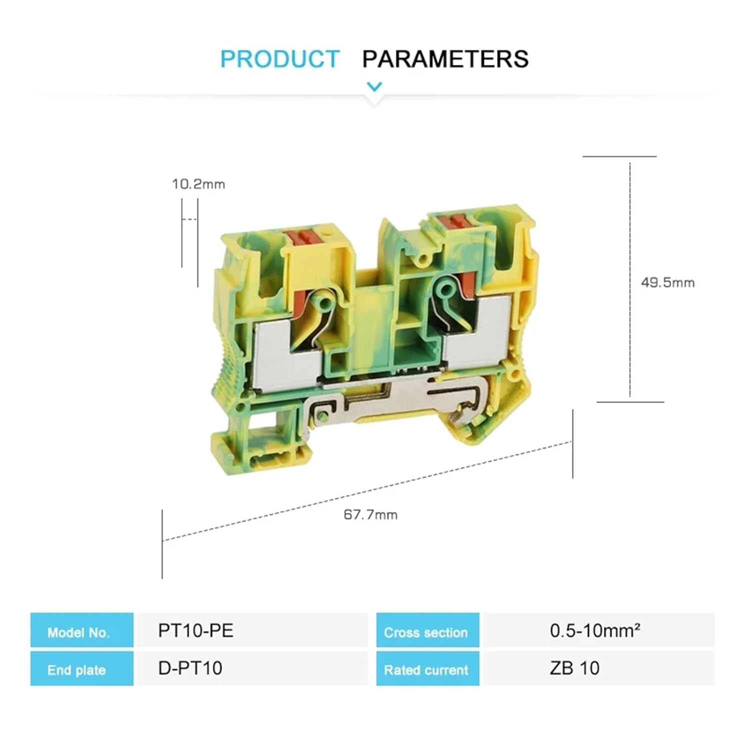PT10-PE Push-in Ground Din Rail Terminal Block 10mm² Protective Earth Wire Electrical Connector 5Pcs