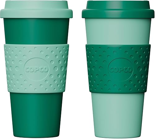 Copco Acadia 16oz Travel Mug with Lid, Set of 2 Double Wall Insulated Tumbler, Non-Slip Sleeve and BPA-Free - Microwave & Dishwasher Safe, Reusable Plastic To Go Travel Coffee Mug (Green)