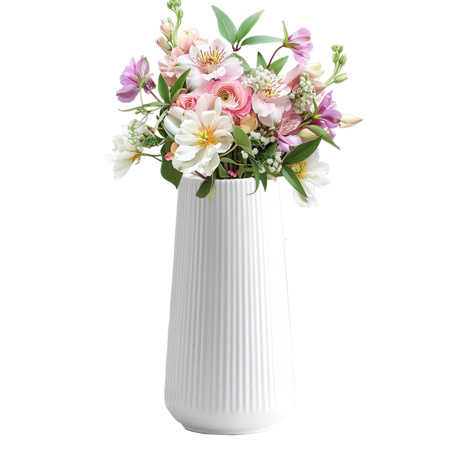 White Ceramic Ribbed Vases Simple Nordic Style Decorative Flowers Vase for Pampas Grass Geometric Design Dried Flowers Ceramic Vases for Wedding Home Decor Table Centerpieces 8 Inch / 20Cm