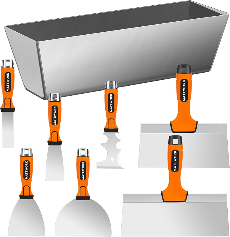 Matework 8Pcs Drywall Tools & Putty Knife Set with Hammer End, Mud Pan